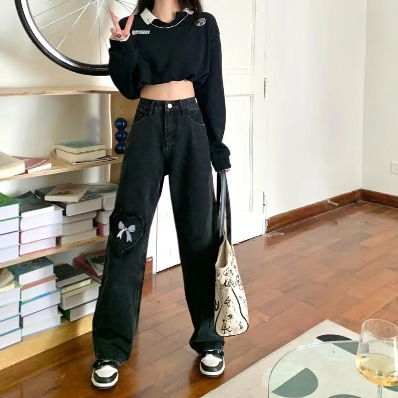 Black Denim Love Bow Embroidery High Waist Jeans