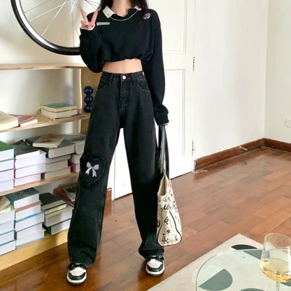 Black Denim Love Bow Embroidery High Waist Jeans