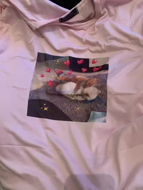 Cute Pink Funny Cat Kitten Meme Cartoon Print Loose Short Sleeve Short T-shirt Tee Top Summer Casual E-Girl Kawaii Korean Japanese Harajuku Streetwear