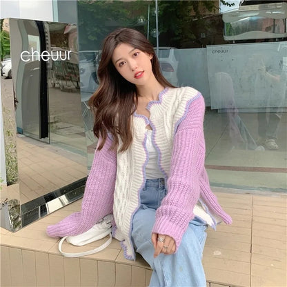 Purple & White Patchwork Knit Cardigan