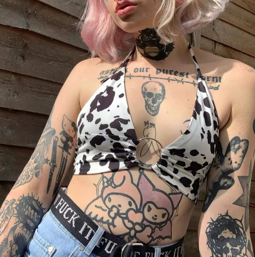 Cute Cow Print V Neck Crop Top Sleeveless Shirt Sling Halter Summer Aesthetic Casual E-Girl Kawaii Korean Japanese Harajuku