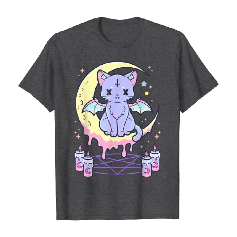 Cute Pastel Black Cat Witch Magic Moon Print Short Sleeve T-shirt Goth Punk Aesthetic Casual E-Girl Kawaii Korean Japanese Harajuku