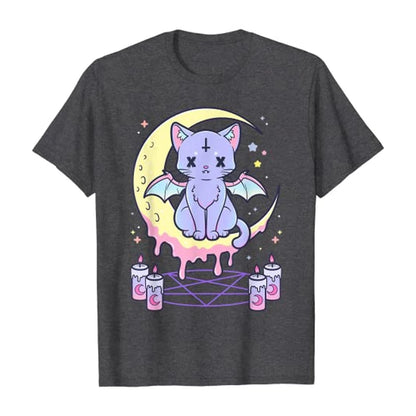 Cute Pastel Black Cat Witch Magic Moon Print Short Sleeve T-shirt Goth Punk Aesthetic Casual E-Girl Kawaii Korean Japanese Harajuku