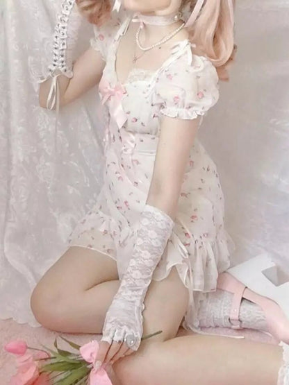 White Floral Puff Short Sleeve Lace Patchwork Mini Dress Summer Aesthetic Casual E-Girl Kawaii Korean Japanese Harajuku
