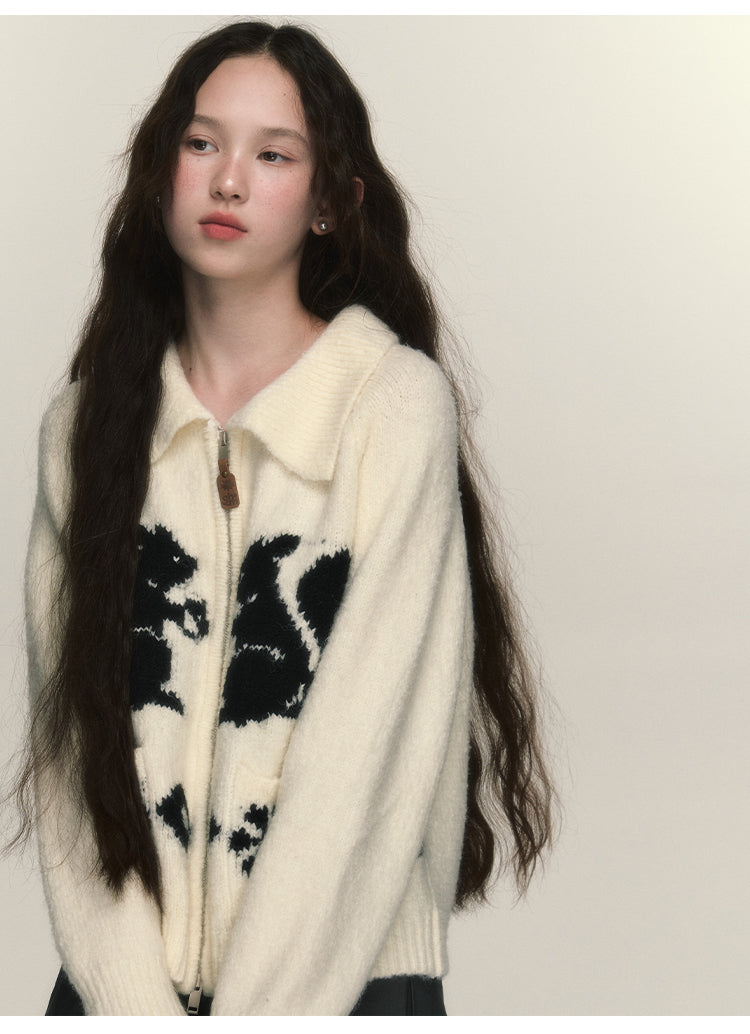 Squirrel Graphic Zipper Sweater
