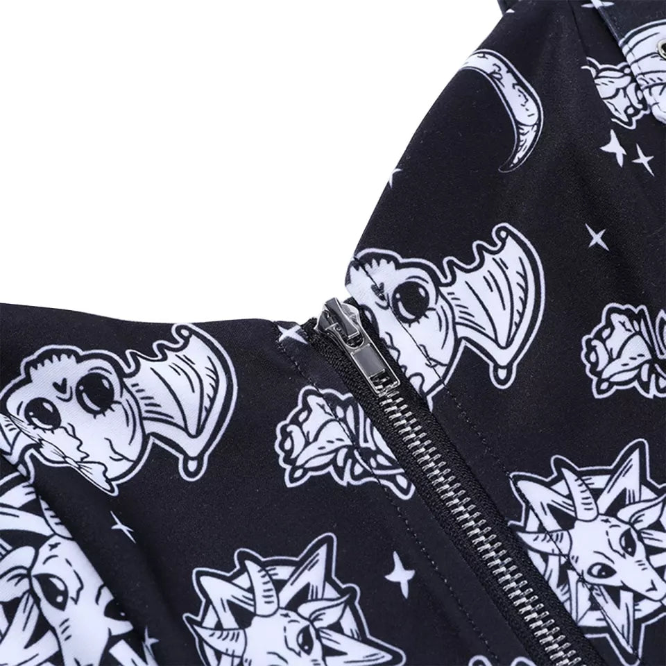 Cute Black Goth Skull Bat Goat Print Zipper Front Camisole Crop Top Tank Summer Aesthetic Casual E-Girl Kawaii Korean Japanese Harajuku