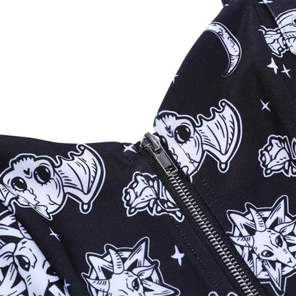 Cute Black Goth Skull Bat Goat Print Zipper Front Camisole Crop Top Tank Summer Aesthetic Casual E-Girl Kawaii Korean Japanese Harajuku