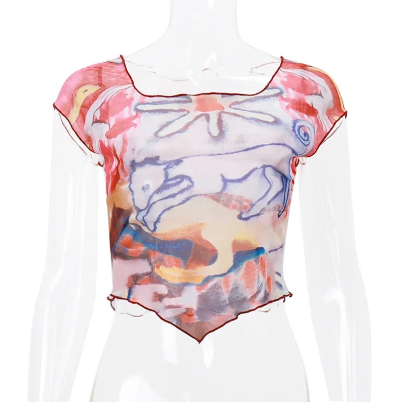 Abstract Print Mesh Sheer Crop Top