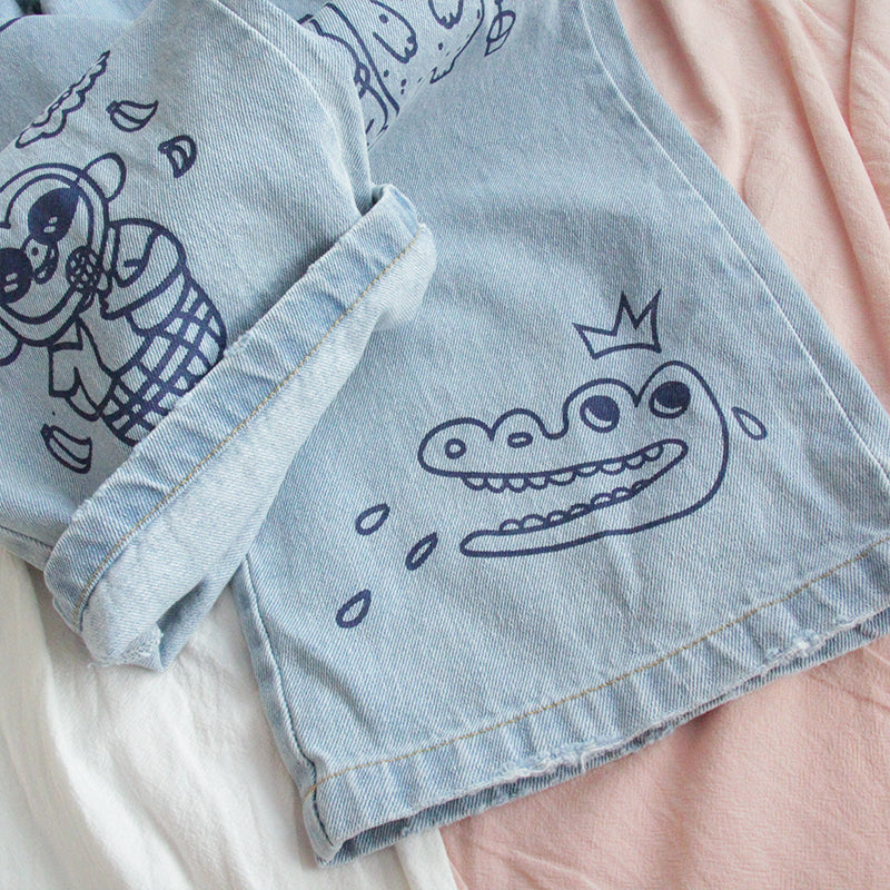 Cat Animal Cartoon Print Loose High Waisted Straight Demin Jeans Trousers Female Pants E-Girl Kawaii Korean Japanese Harajuku Streetwear