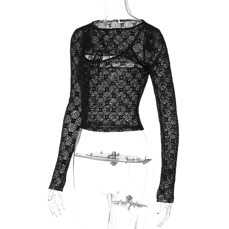 Black Mesh Lace Long Sleeve Shirt