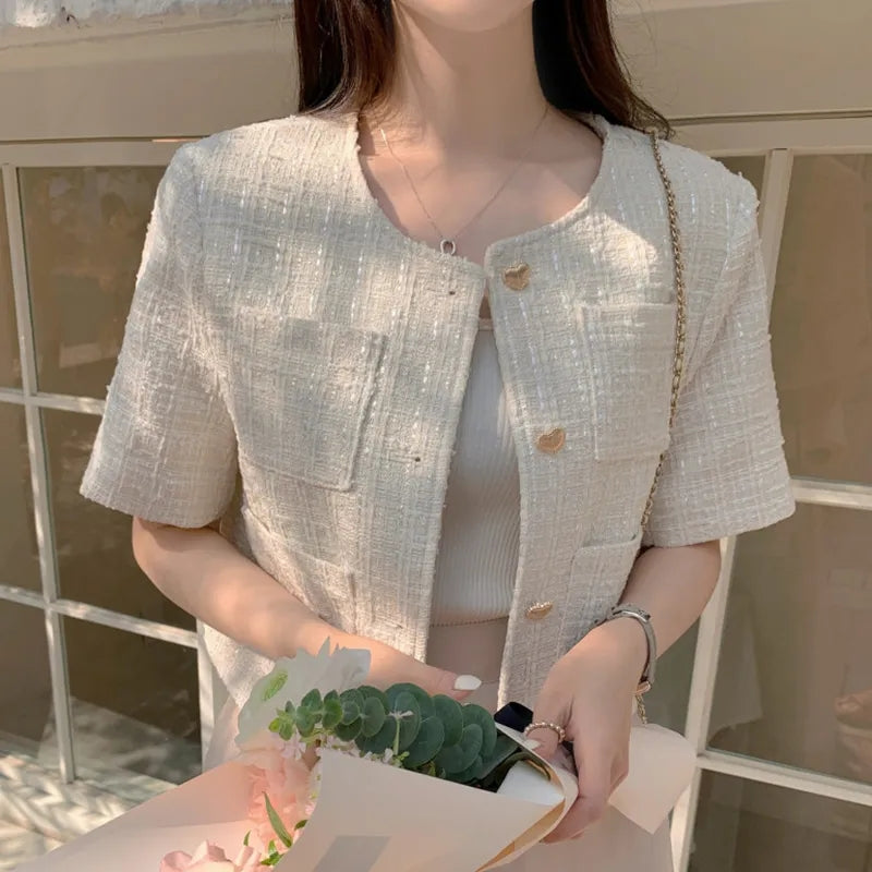 Heart Button Tweed Short Sleeve Blouse