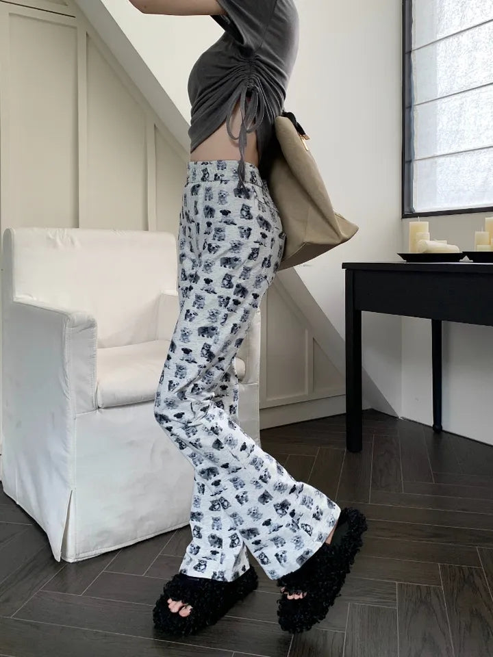 Puppy & Kitten Print Flare Trousers