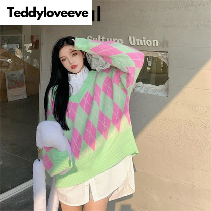 Green & Pink Lattice V Neck Sweater