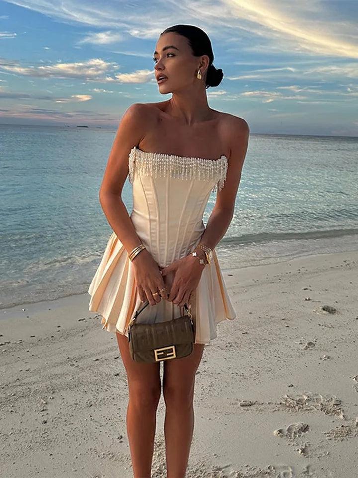 Pearl Tassel Pleated Mini Dress