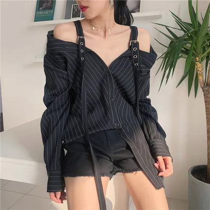 Cute Black Vertical Stripe Buckle Off Shoulder Long Sleeve Shirt Blouse Aesthetic Casual E-Girl Kawaii Korean Japanese Harajuku