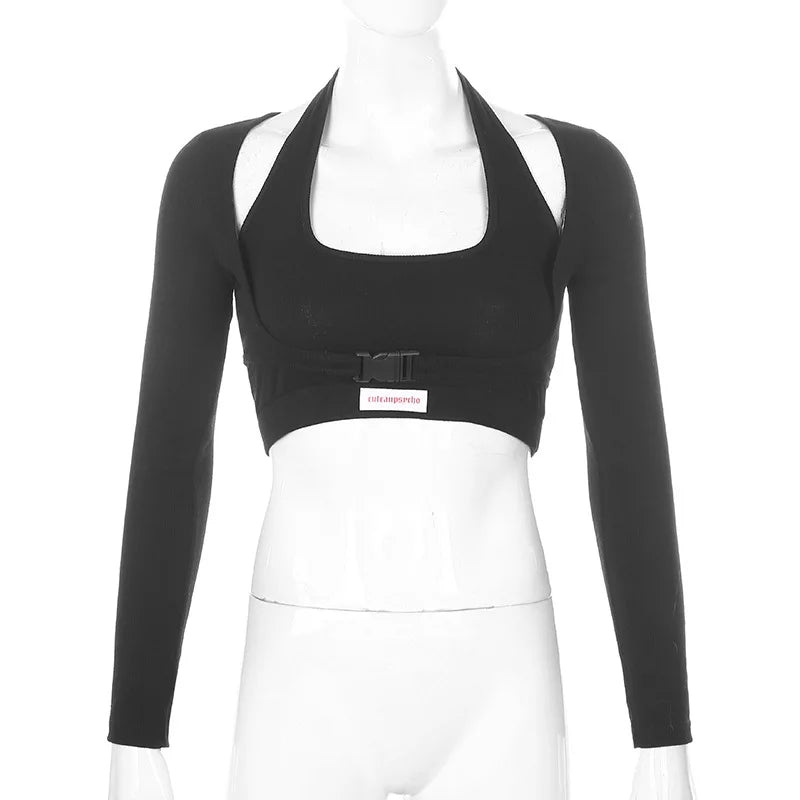 Cute Sexy 2pcs Set Black Halter Crop Top Tank Buckle Long Sleeve T-shirt Tracksuit Summer Aesthetic Casual E-Girl Kawaii Korean Japanese Harajuku