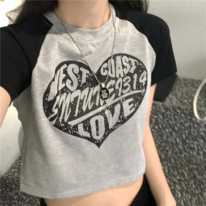 Heart Patchwork Short Sleeve Crop Top