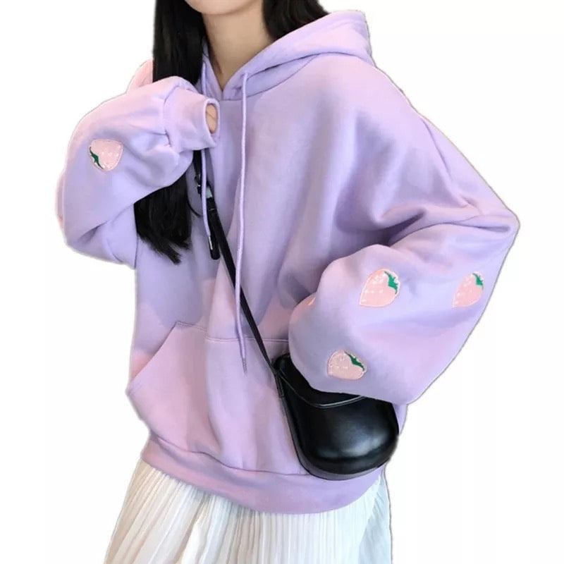 Cute Pastel Purple Strawberry Embroidery Patch Oversized Hoodie Sweater Sweatshirt Pullover Winter E-Girl Kawaii Korean Japanese Harajuku Streetwear
