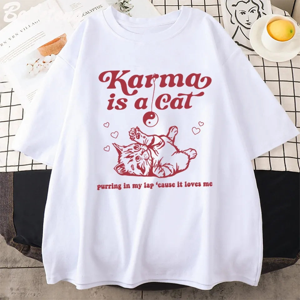 Karma Cat Print Short Sleeve T-shirt