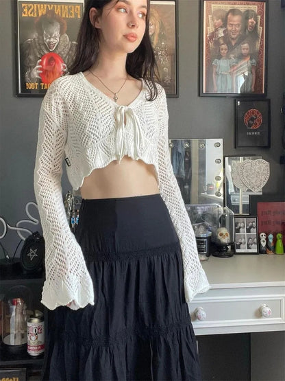 Crochet Tie Up V Neck Flare Long Sleeve Top