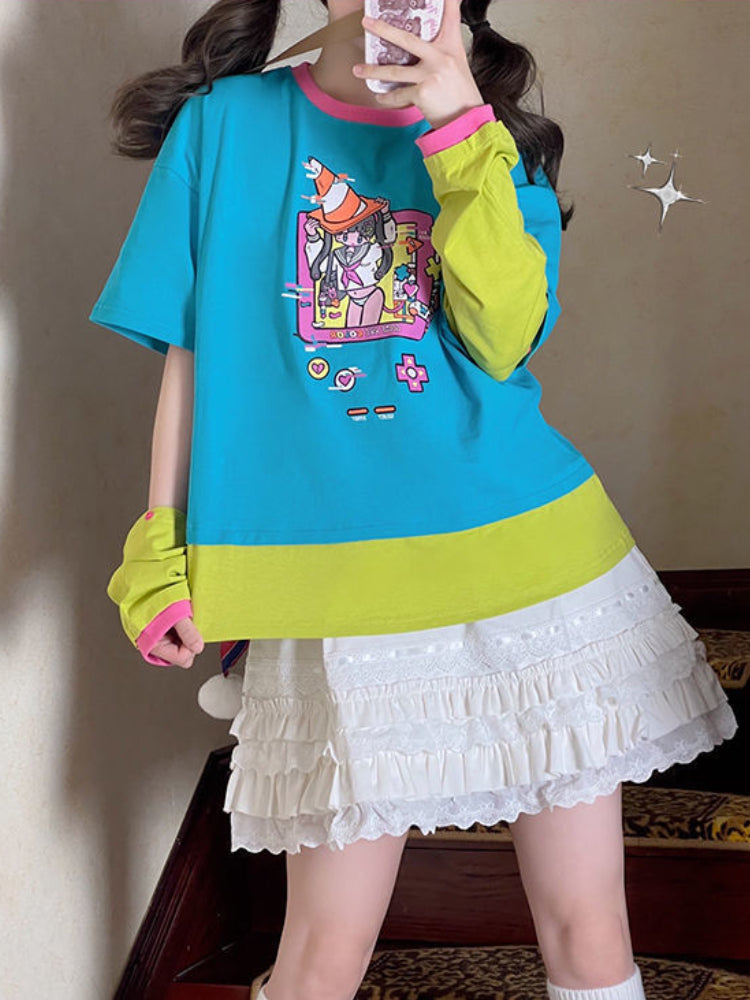 Colorful Anime Girl Graphic Print Short Sleeve T-shirt