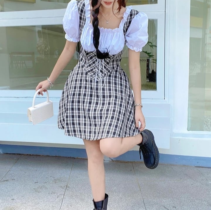 Cute Sweet Plaid Patchwork Lace Up Corset Ruffle Mini A-line Dress Summer Aesthetic Casual E-Girl Kawaii Korean Japanese Harajuku