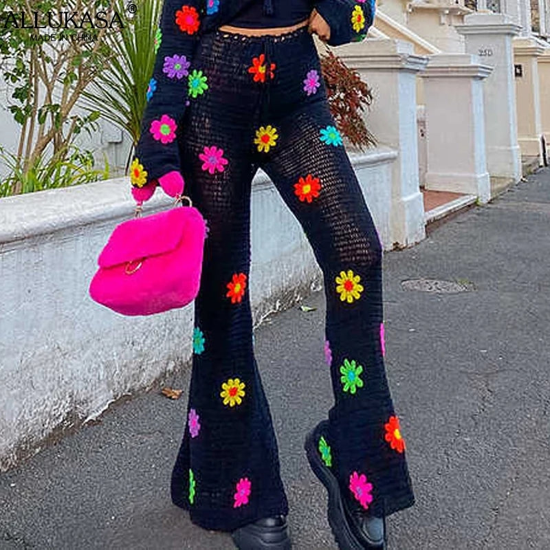 Cute Flower Knit Crochet Net Sheer Wide Leg Pants Long Boho Trousers Aesthetic Casual Summer E-Girl Kawaii Korean Japanese Harajuku