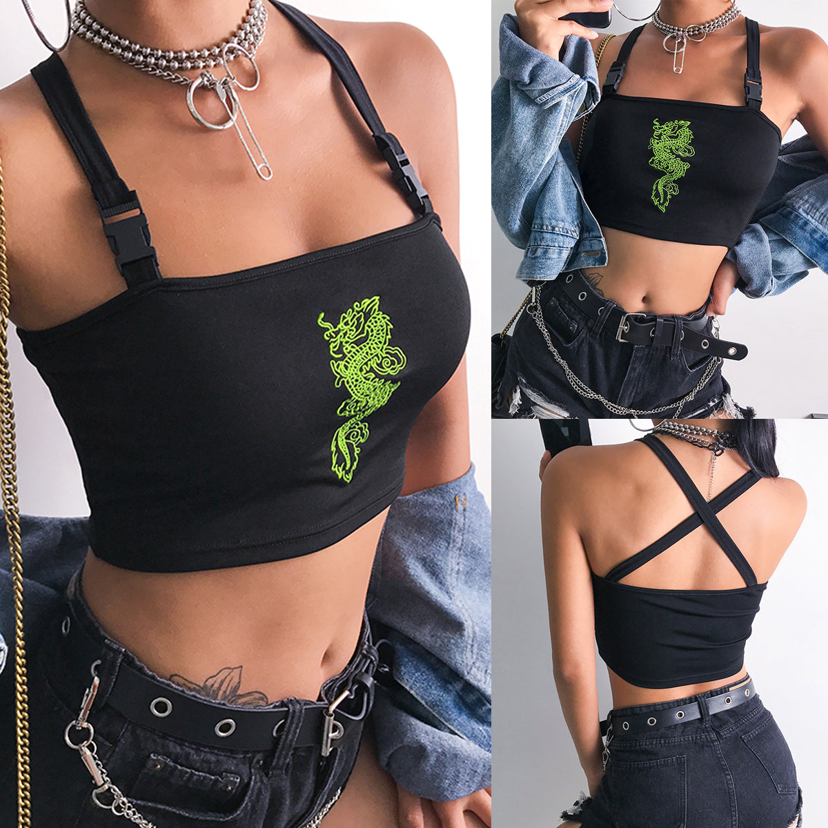 Cute Sexy Dragon Buckle Vest Tube Crop Top Cami Tank Shirt Tee T-shirt E-Girl Kawaii Korean Japanese Harajuku Chinese Retro Streetwear Aesthetic