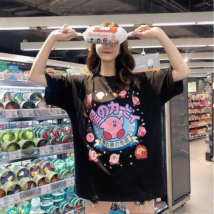 Pastel Pink Japanese Anime Graphic Cartoon Print Loose Short Sleeve T-shirt