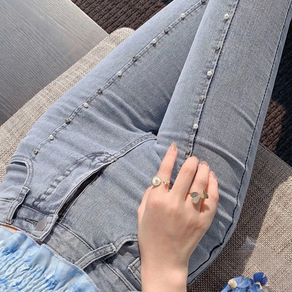 Chic Pearl Bowknot Bead High Waist Jeans