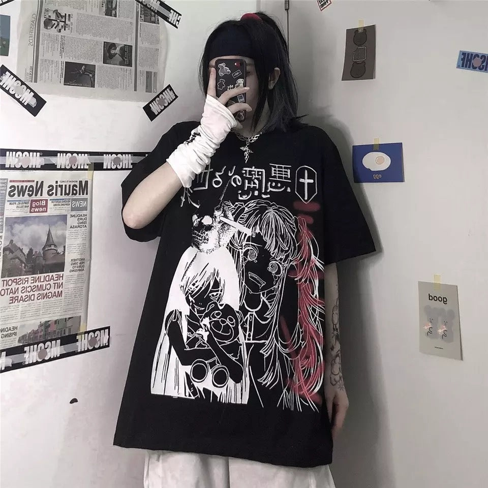 Dark Anime Girl Cartoon Print Loose Short Sleeve T-shirt Top Summer Causal Goth Punk E-Girl Kawaii Korean Japanese Harajuku Streetwear