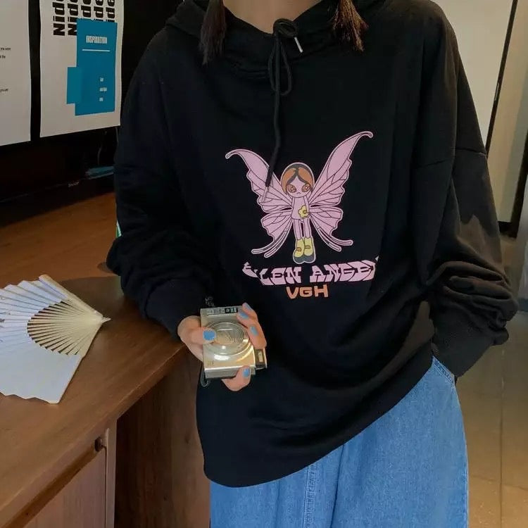 Butterfly Embroidery Hoodie Sweater Sweatshirt Long Sleeve Shirt Pullover Jumper Causal E-Girl Kawaii Korean Japanese Harajuku Streetwear