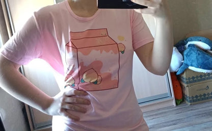 Cute Pink Peach Milk Carton Pastel Print Short Sleeve Shirt Tee T-shirt E-Girl Kawaii Korean Japanese Harajuku Retro Streetwear Aesthetic