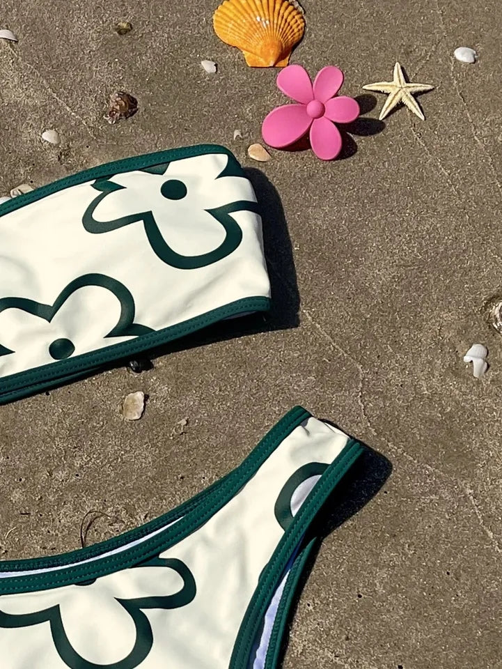 Green Contrast Floral Print Bikini Set