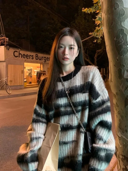Black Stripe Knit Oversized Sweater