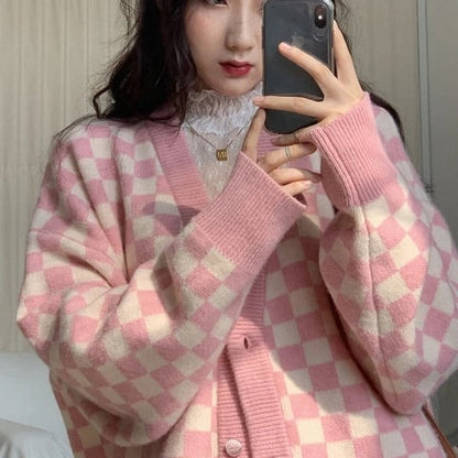 Pink Checkered Button Knit Cardigan