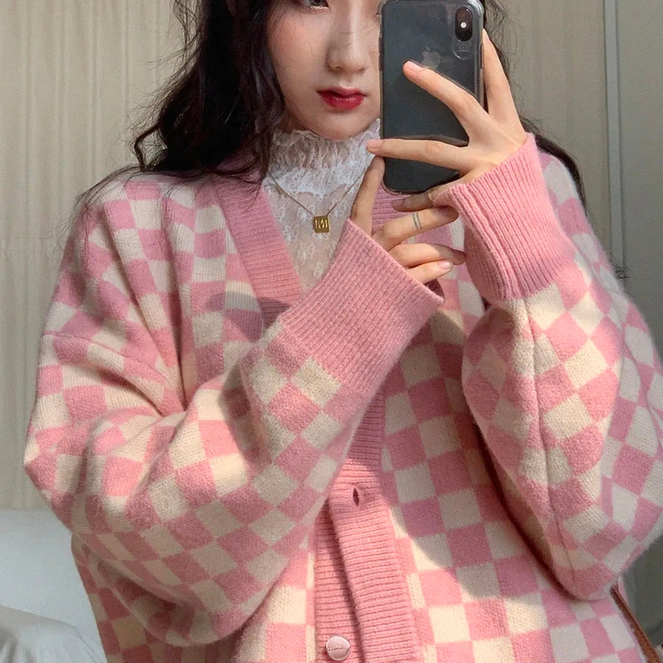 Pink Checkered Button Knit Cardigan