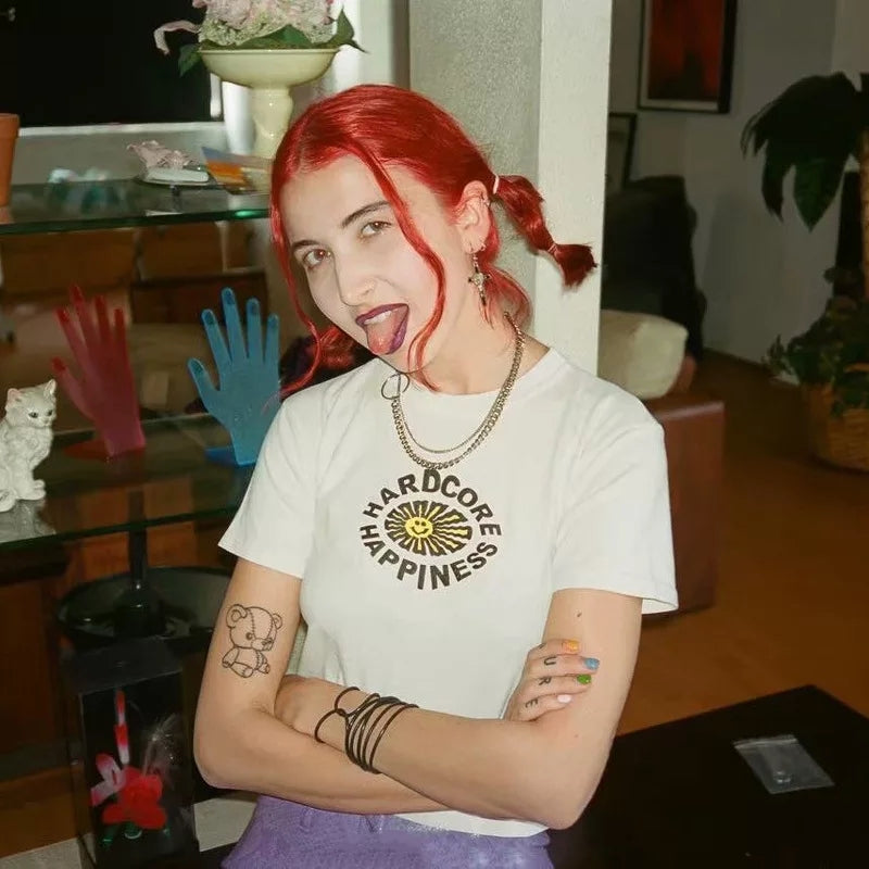 Cute Happiness Sun Print White Short Sleeve Shirt Loose Punk Aesthetic Casual Summer E-Girl Kawaii Korean Japanese Haraju