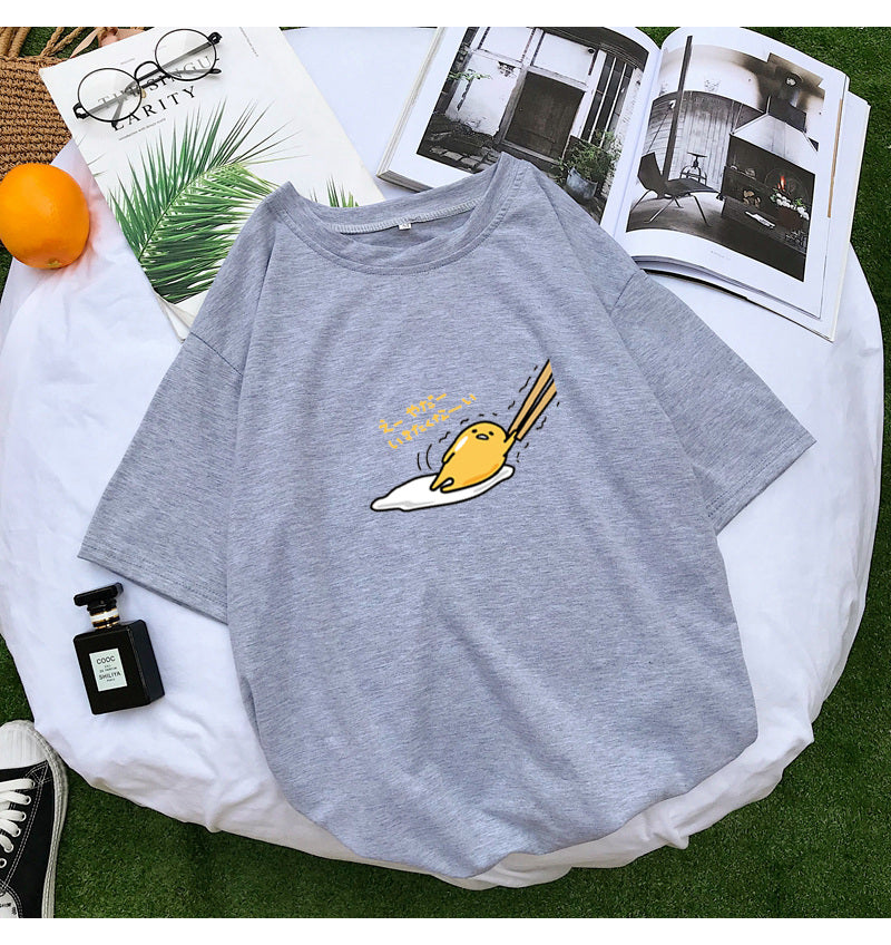 Funny Lazy Egg Cartoon Anime Print Casual Loose Short Sleeve Tee Shirt T-shirt Top E-Girl Kawaii Korean Japanese Harajuku Streetwear