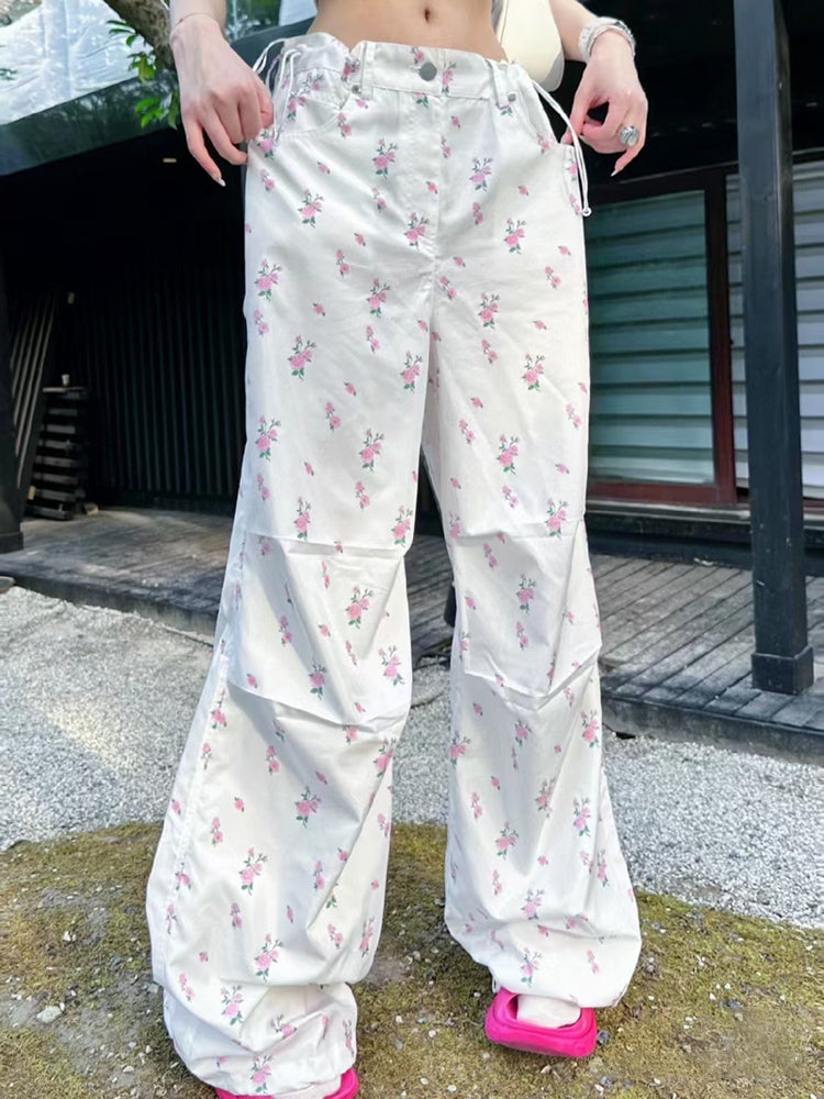 Floral Print Drawstring High Waist Pants
