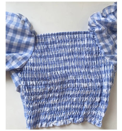 Cute Sexy Blue Plaid Print Bow Ribbon Collar Puff Short Sleeve Shirt Blouse Aesthetic Casual Summer E-Girl Kawaii Korean Japanese Harajuku