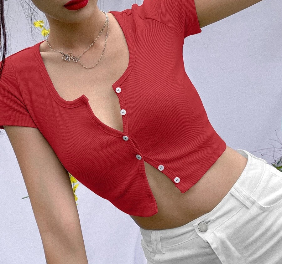 Cute V Neck Short Sleeve Cardigan Button Up Crop Top Tee T-shirt Shirt Kawaii Korean Japanese Harajuku Chinese Retro Streetwear Aesthetic Fashion