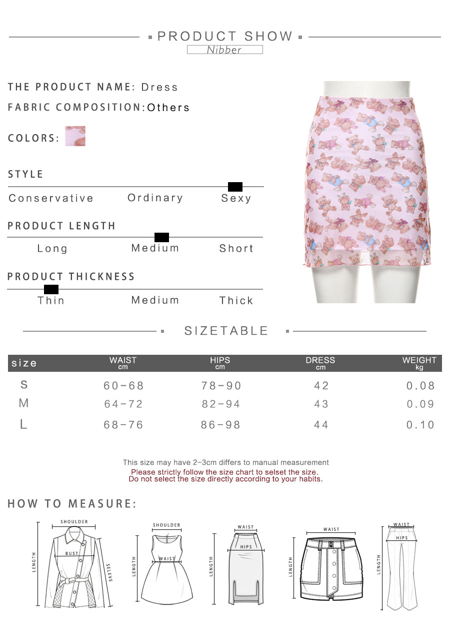 Cute Pink Bear Cartoon 90s Vintage Print Mesh Sheer Mini Skirt Bottom E-Girl Kawaii Korean Japanese Harajuku Retro Streetwear Fashion