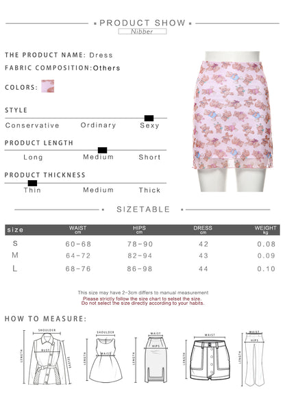 Cute Pink Bear Cartoon 90s Vintage Print Mesh Sheer Mini Skirt Bottom E-Girl Kawaii Korean Japanese Harajuku Retro Streetwear Fashion