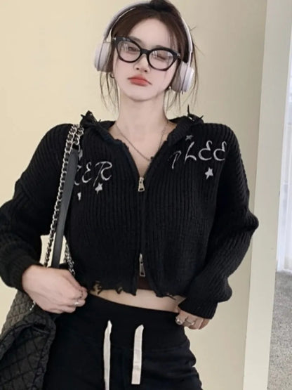 Black Hollow Out Cropped Zipper Jacket