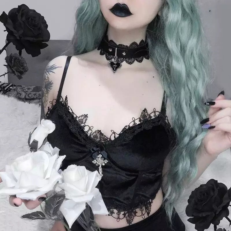 Cute Sexy Black Lace Trim Cross Goth Punk Backless Crop Top Tank Sleeveless Shirt Summer Casual E-Girl Kawaii Korean Japanese Harajuku Streetwear