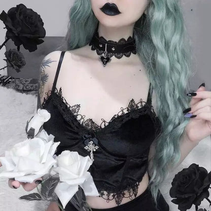 Cute Sexy Black Lace Trim Cross Goth Punk Backless Crop Top Tank Sleeveless Shirt Summer Casual E-Girl Kawaii Korean Japanese Harajuku Streetwear