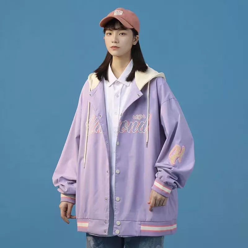Vintage Pastel Letter Embroidery Oversized Baseball Jacket