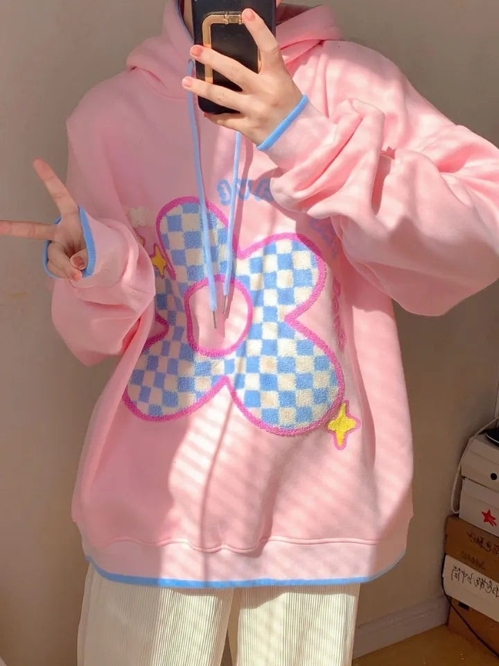 Pink Flower Lattice Embroidery Hoodie