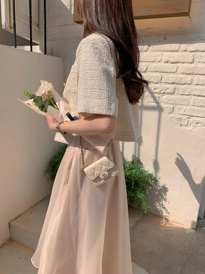 Heart Button Tweed Short Sleeve Blouse
